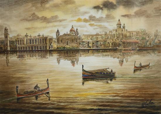 G Galea, watercolour, View of the letter Malta, signed and dated 29 x 41cm
